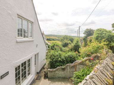 A white house with windows and a garden with flowers and greenery in a rural area at Parwin in Tintagel