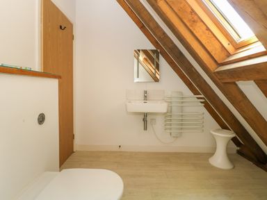 A bathroom with a toilet a sink a heater and a skylight window at Oaklands Near Boscastle