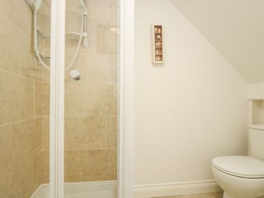 A bathroom with a shower enclosure and a toilet at Seascape in Porthcurno