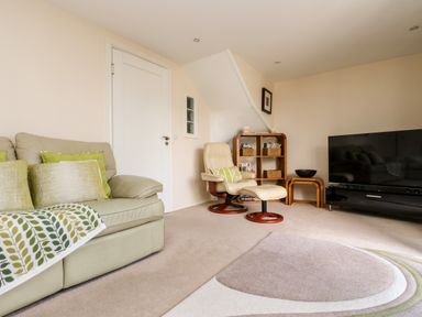 A living room with a beige sofa green cushions a beige armchair with ottoman a wooden shelving unit a television and a patterned rug at Riverview in Lostwithiel