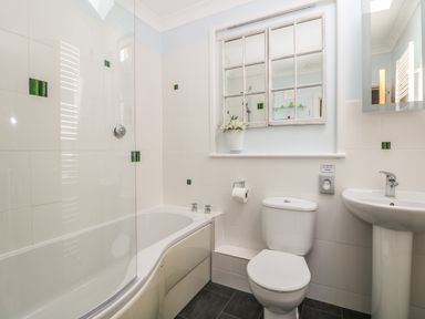 A bathroom with a bathtub shower toilet pedestal sink and a window with a plant at Tides in Padstow