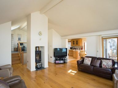 A living room with a wood floor a fireplace a television a leather sofa and an open kitchen at Totherside in Kingswear