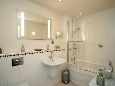 A bathroom with a sink mirror bathtub and shower at Totherside Kingswear