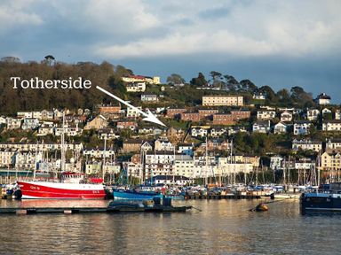 A harbor with boats and numerous houses on a hillside with an arrow pointing to Totherside in Kingswear
