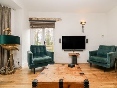 A living room with two green armchairs a wooden coffee table a gold flamingo lamp and a mounted television at Lost Barn in Watergate Bay