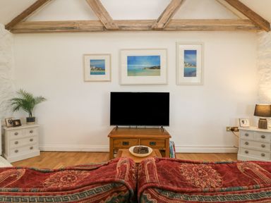 A living room with a television on a wooden stand and three framed pictures on the wall at Courtyard in Nancegollan nr Porthleven