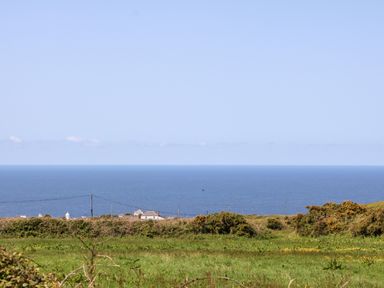 A coastal view with green fields bushes and a few houses by the sea at Boslow in St Just