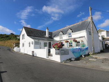 A white building with a sign for Harbour Lights Cafe and flower baskets outside by a road at Gannet Watch in Coverack
