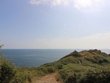A coastal path leading to a grassy hill overlooking the ocean with ships on the water at Gannet Watch in Coverack