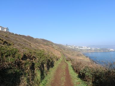 A coastal path with bushes on each side beside the sea and houses on a hill in Coverack