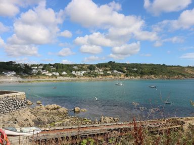 A coastal bay with boats on water and houses on a hill at Gannet Watch in Coverack