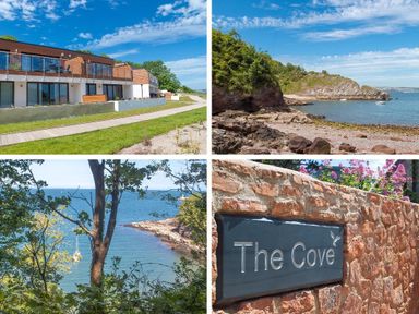 A modern apartment building with glass balconies near a rocky coastline with trees and blue sea at The Cove in Brixham