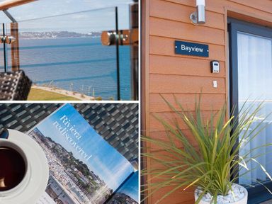 A collage showing a sea view from a balcony with glass railing a magazine titled Riviera rediscovered and a cup of coffee by a wicker table and a wooden exterior wall with a Bayview sign next to a glass door with a potted plant outside Bayview in Brixham