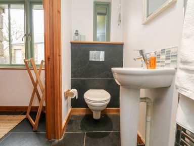 A bathroom with a toilet and pedestal sink with a small window and wooden trim at Hay Loft Bolenowe Nr Portreath
