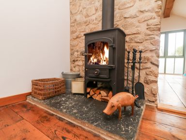 A wood burning stove with firewood basket tools and a wooden pig figure on a stone hearth at Hay Loft in Bolenowe Nr Portreath
