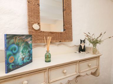 A wooden dresser with a book a reed diffuser a cat figurine and a vase with flowers below a woven framed mirror at Trehan in St Ives