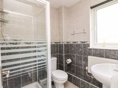 A bathroom with a shower cubicle a toilet a sink a window and tiled walls at Devine Lodge in Callington