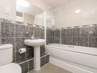 A bathroom with a toilet sink and bathtub with shower at Devine Lodge in Callington