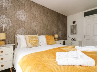 A bedroom with a bed with yellow and white bedding a bedside table with a lamp and a door at Devine Lodge in Callington