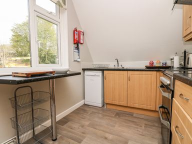 A kitchen with wooden cabinets a dishwasher a stove and a window with a counter at Devine Lodge in Callington