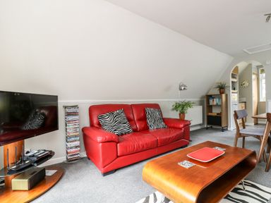 A living room with a red leather sofa and zebra print cushions a wooden coffee table and a television at Devine Lodge in Callington