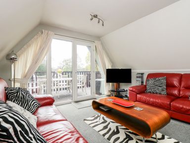 A living room with red leather sofas zebra print cushions and a wooden coffee table at Devine Lodge in Callington