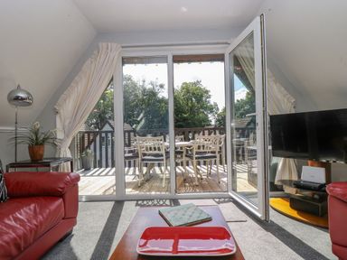 A living room with red leather sofas coffee table and a television next to glass doors leading to a deck with outdoor dining furniture at Devine Lodge in Callington
