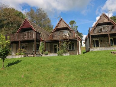 Three A-frame houses with wooden balconies and antennas on a sloped grassy area with trees in the background at Devine Lodge in Callington