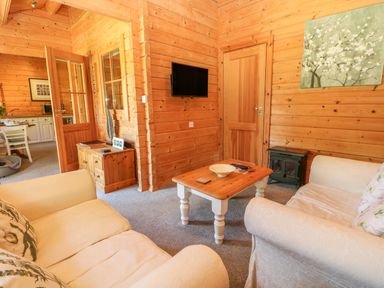 A living room with sofas a coffee table and a television on the wall at Pond Cabin in Stithians