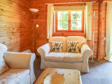 A living room with two armchairs a wooden table a floor lamp and a window at Pond Cabin in Stithians