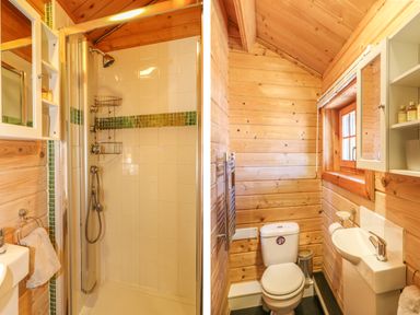 A bathroom with a shower on the left and a toilet and sink on the right in a wooden cabin at Pond Cabin in Stithians