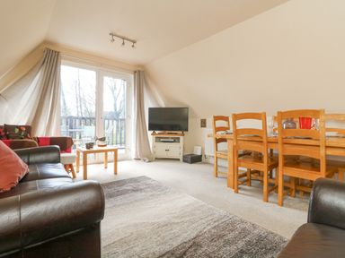 A living room with black leather sofas a wooden dining table with chairs a TV on a stand and glass doors with curtains at Valley Lodge 44 in Callington