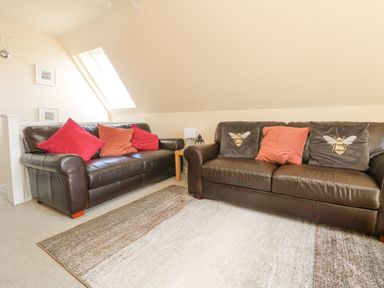 A living room with two brown leather sofas and cushions at Valley Lodge 44 in Callington