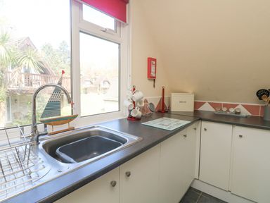 A kitchen counter with a sink cups spice jars and a bread box near a window at Valley Lodge 44 in Callington