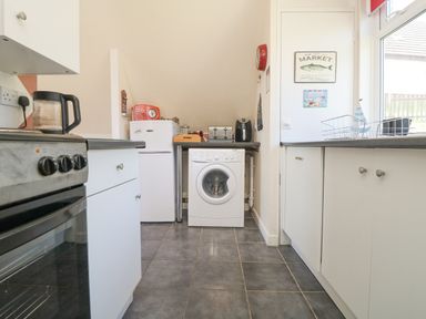 A kitchen with a washing machine a refrigerator a stove a toaster a kettle and cabinets at Valley Lodge 44 in Callington