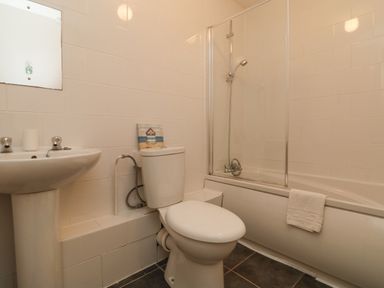 A bathroom with a toilet pedestal sink bathtub with shower and towel at Valley Lodge 44 in Callington