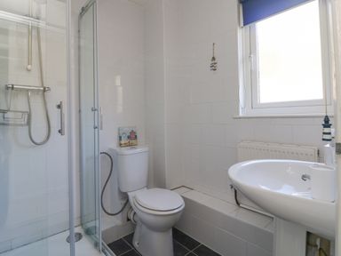 A bathroom with a toilet a sink a shower and a window at Valley Lodge 44 in Callington