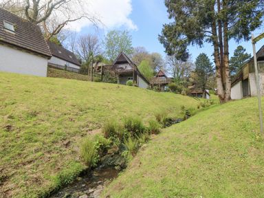 A hillside with small houses and a creek running through grassy banks at Valley Lodge 44 in Callington