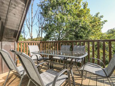 An outdoor wooden deck with a glass table and six chairs surrounded by trees at Valley Lodge 58 in Callington