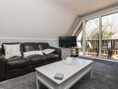 A living room with a brown leather sofa, white coffee table, TV on cabinet, and sliding glass doors to a balcony at Valley Lodge 58 Callington