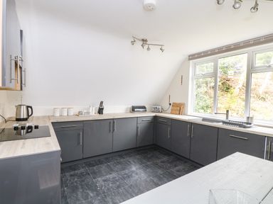 A kitchen with dark cabinets a stovetop kettle knife block toaster and sink under a window at Valley Lodge 58 in Callington