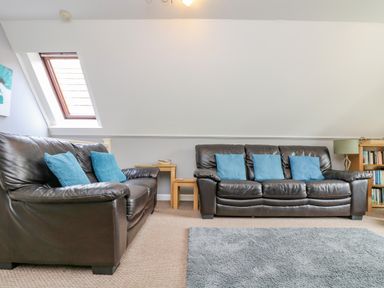 A living room with two black leather sofas with blue cushions a side table bookshelf and a skylight window at Valley Lodge 5 in Callington