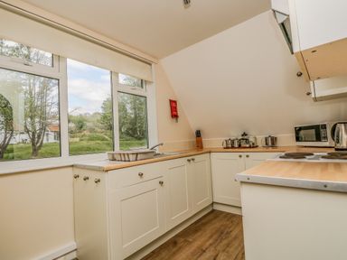 A kitchen with cabinets a sink a microwave a kettle and a window showing trees outside at Valley Lodge 5 in Callington