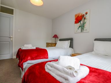 A bedroom with two single beds with red blankets white towels a bedside table and a painting on the wall at Valley Lodge 5 in Callington