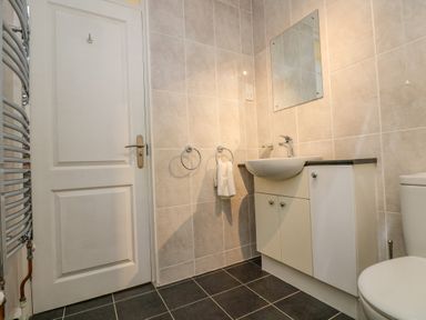 A bathroom with a white door a towel ring with a towel a vanity with a sink a mirror and a toilet at Valley Lodge 5 Callington