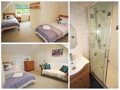 A bedroom with two single beds and a sitting area with a sofa and chest of drawers a bathroom with a shower cubicle at Windrush in Mawgan Porth