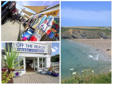 A collage showing a surf shop with wetsuits and surfboards for hire a beach view with waves and cliffs and a cafe and bar named Off The Beach at Windrush in Mawgan Porth