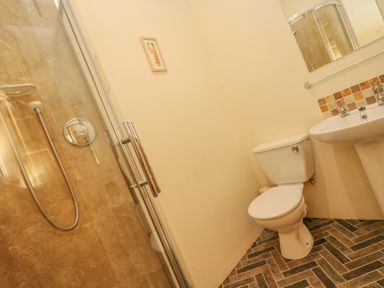 A bathroom with a shower, toilet, sink, and a mirror above the sink at Marhayes in Camelford