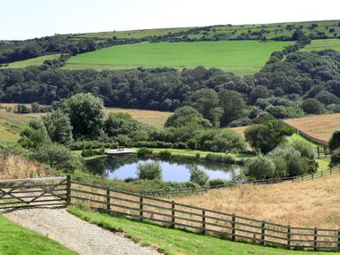 A countryside landscape with a gravel path leading to a wooden gate and a pond surrounded by trees and fields at Marhayes in Camelford