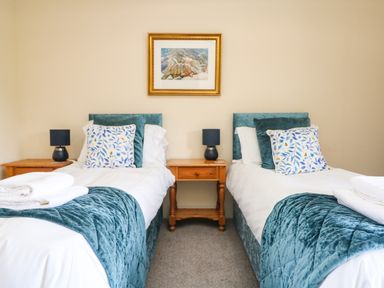 A bedroom with two single beds bedside tables lamps and a framed picture at Marhayes in Camelford